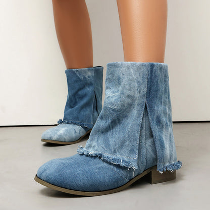 Damstövletter – Slip-on med låg klack – Denimlook – Fransade detaljer – Vardagssnygg