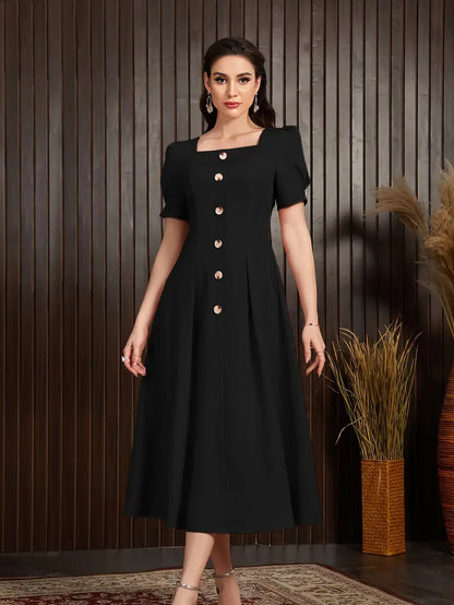 Damklänning – Stickad – Slim Fit – A-Linjeformad – Puffärm – Knäppning framtill