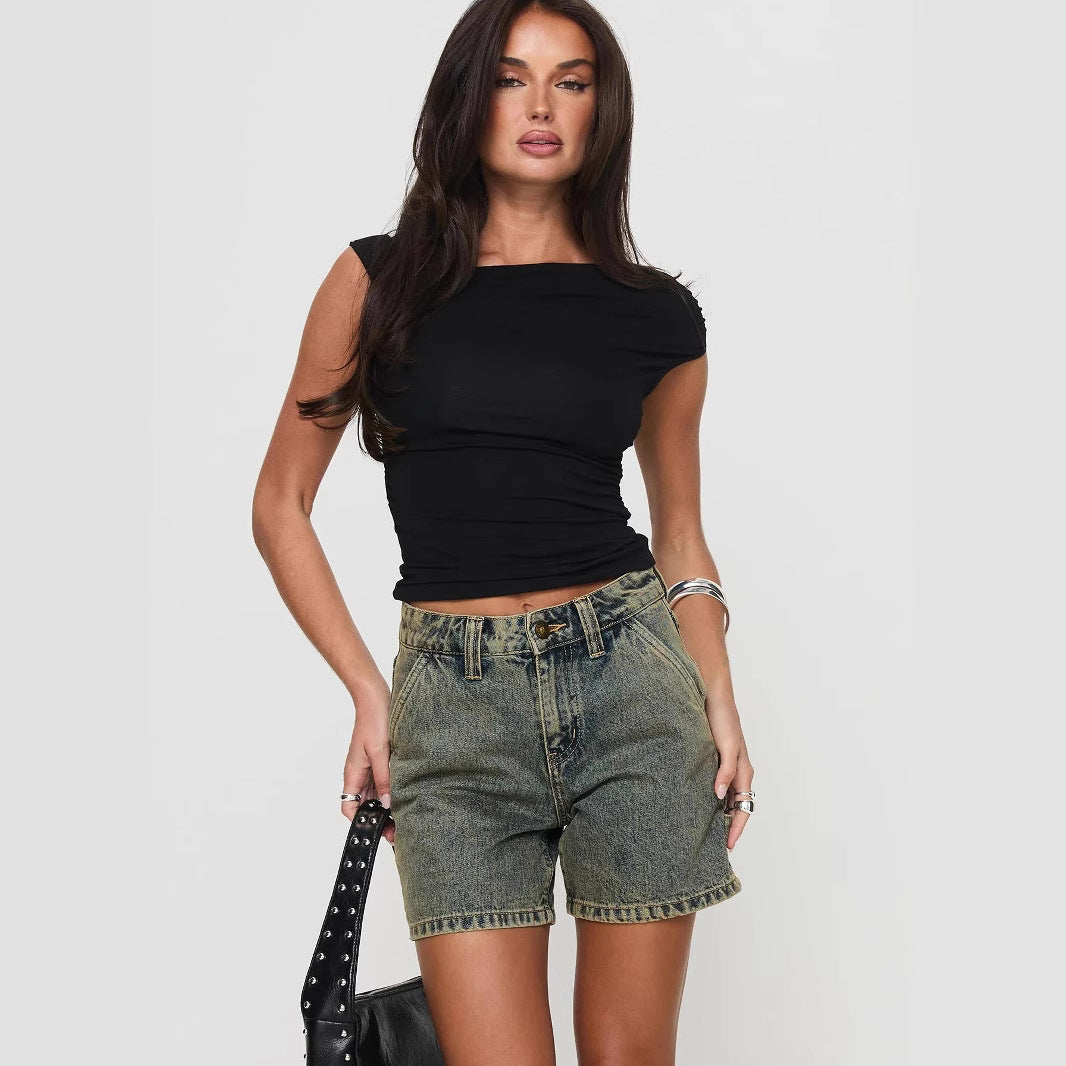 Damshorts – Denim – Avslappnad Passform – Mellanhög Midja – 5-Ficksdesign