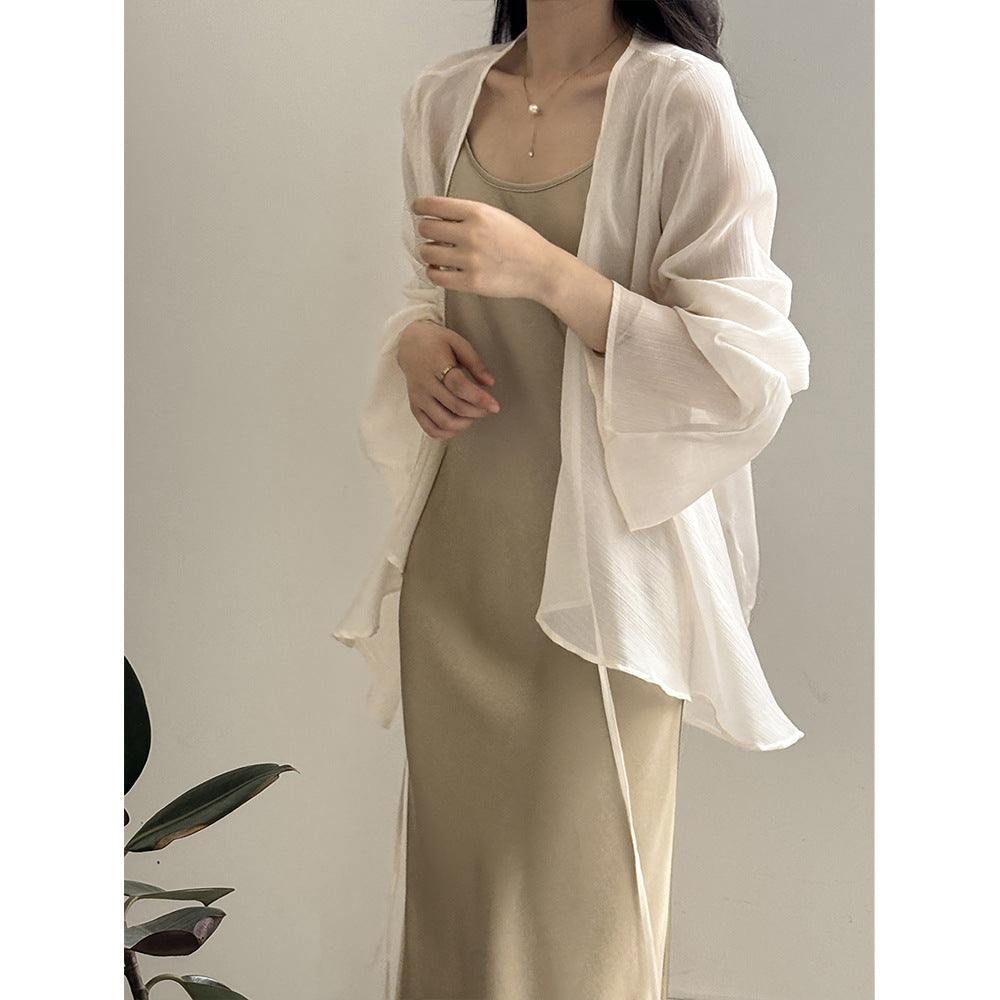 Damkofta – Lätt Transparent Chiffontyg – Lös Passform – Öppen Front Lång Ärmar