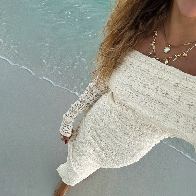 Damklänning maxi – smal passform – off-shoulder spets – långärmad elegant festklänning