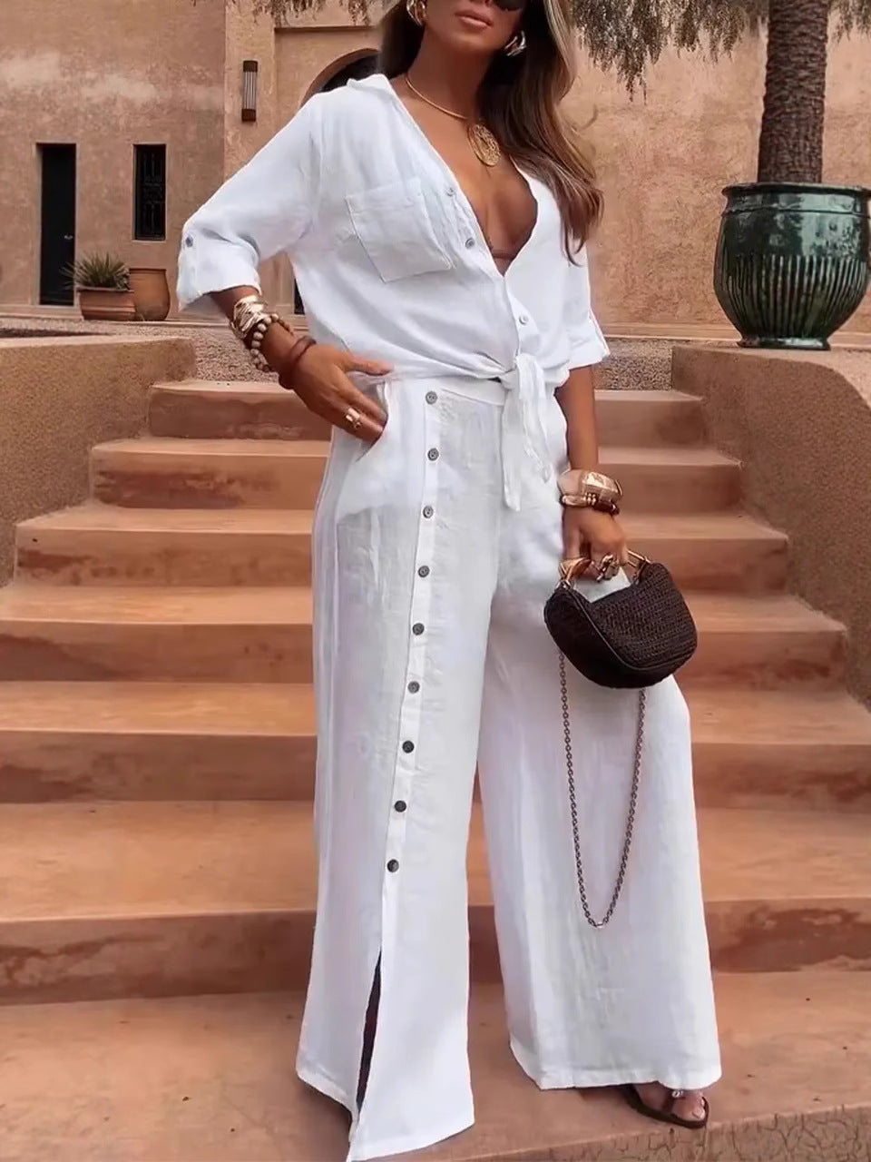 Damset med vida byxor – Linne bomull – Avslappnad passform – Knappdetaljer