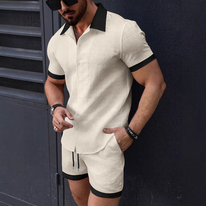 Herrset med skjorta och shorts – Avslappnad passform – Knappslå – Dragsko i midja