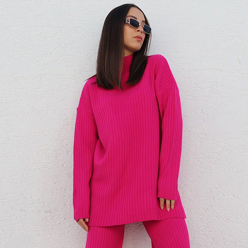 Damset i stickad mjukrib – Avslappnad passform – Hög hals – Vida byxor – Lång ärm