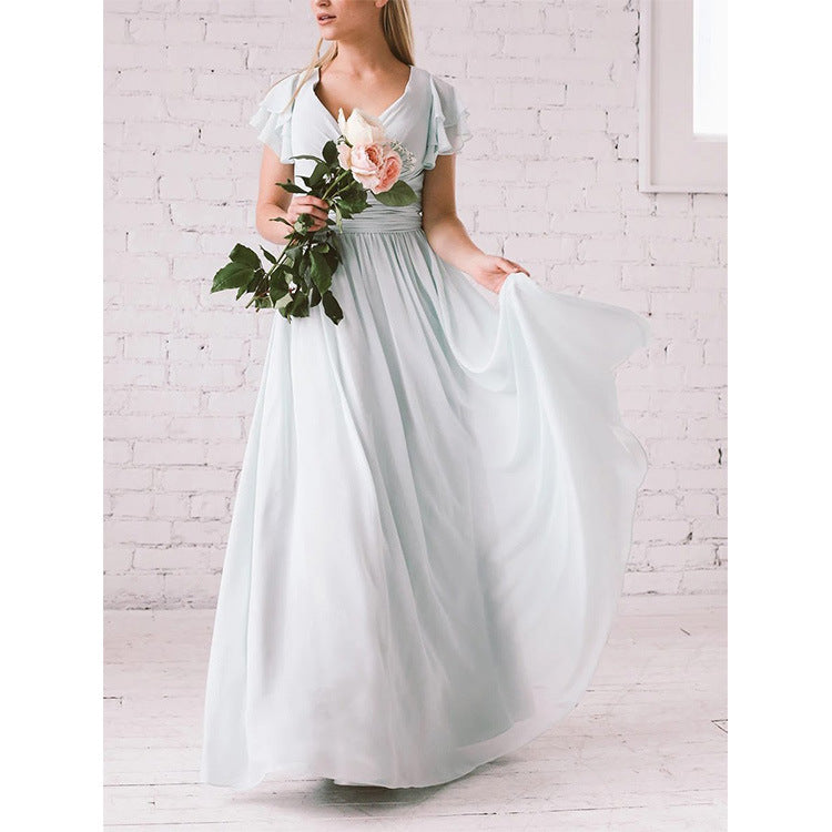 Damklänning – Elegant Passform – V-ringning – Volangärmar – Svepande Maxilängd