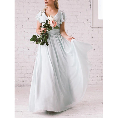 Damklänning – Elegant Passform – V-ringning – Volangärmar – Svepande Maxilängd