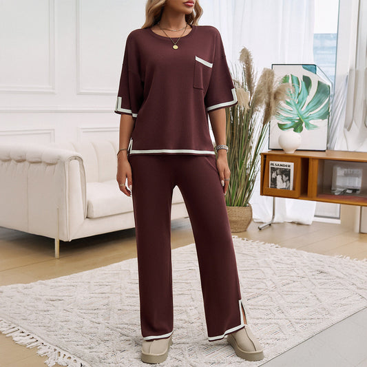Dam Lounge Set – Stickad – Avslappnad Passform – Vida Byxor – Kontrastdetaljer