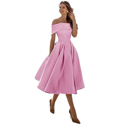 Damklänning – Off-Shoulder – Figurnära Liv – Utställd Kjol – Tealängd Elegant Stil