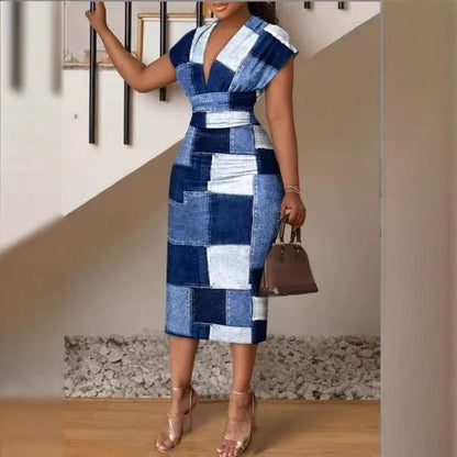 Damklänning midi – Slim fit bodycon – V-ringning – Patchwork denimstil – Korta ärmar