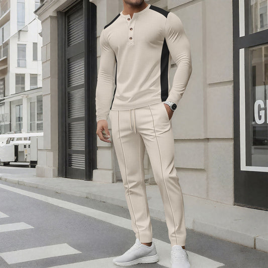 Herr Träningsset – Slim Fit – Långärmad Henley – Avsmalnande Joggerbyxor