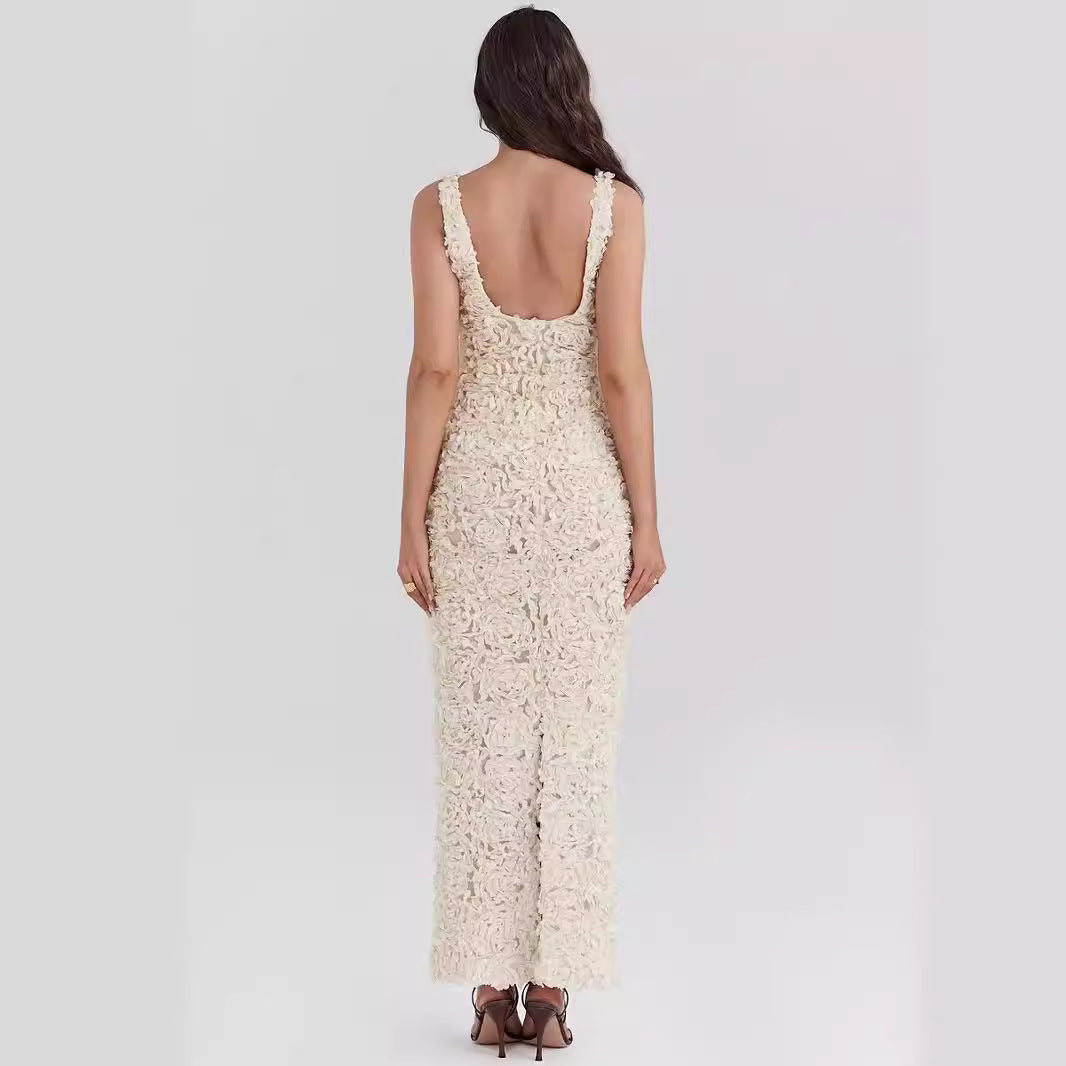 Klänning för dam – Slim Fit – 3D-blommig struktur – Djup V-ringning – Ankellång