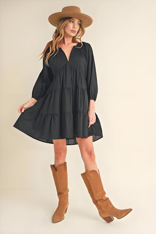 Damklänning – A-linjeformad – V-ringad – 3/4-ärmar – Volangdesign