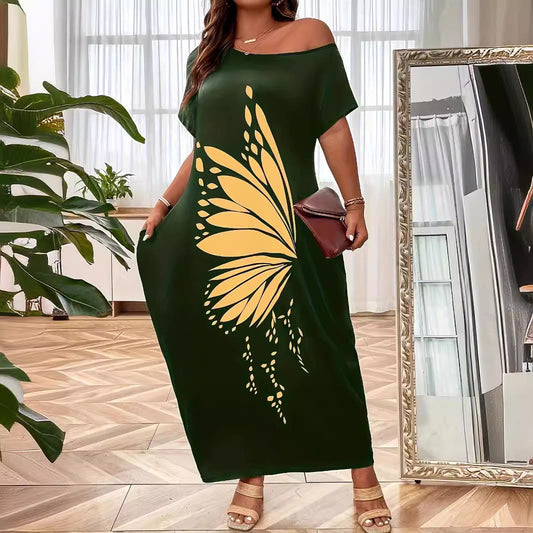 Damklänning – Maxiklänning – Av axel – Ledig passform – Fjärilstryck – Kort ärm