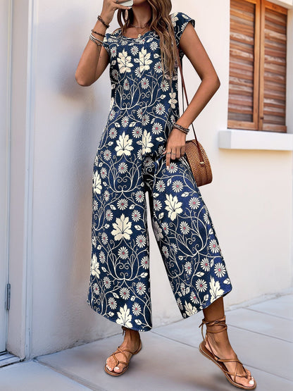 Dam Jumpsuit – Avslappnad Passform – Vida Ben – Kort Ärm – Blommig – Bomullsblandning