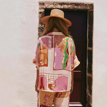 Damset i linne – Avslappnad passform – V-ringad topp med vida ärmar – Vida byxor med resårmidja