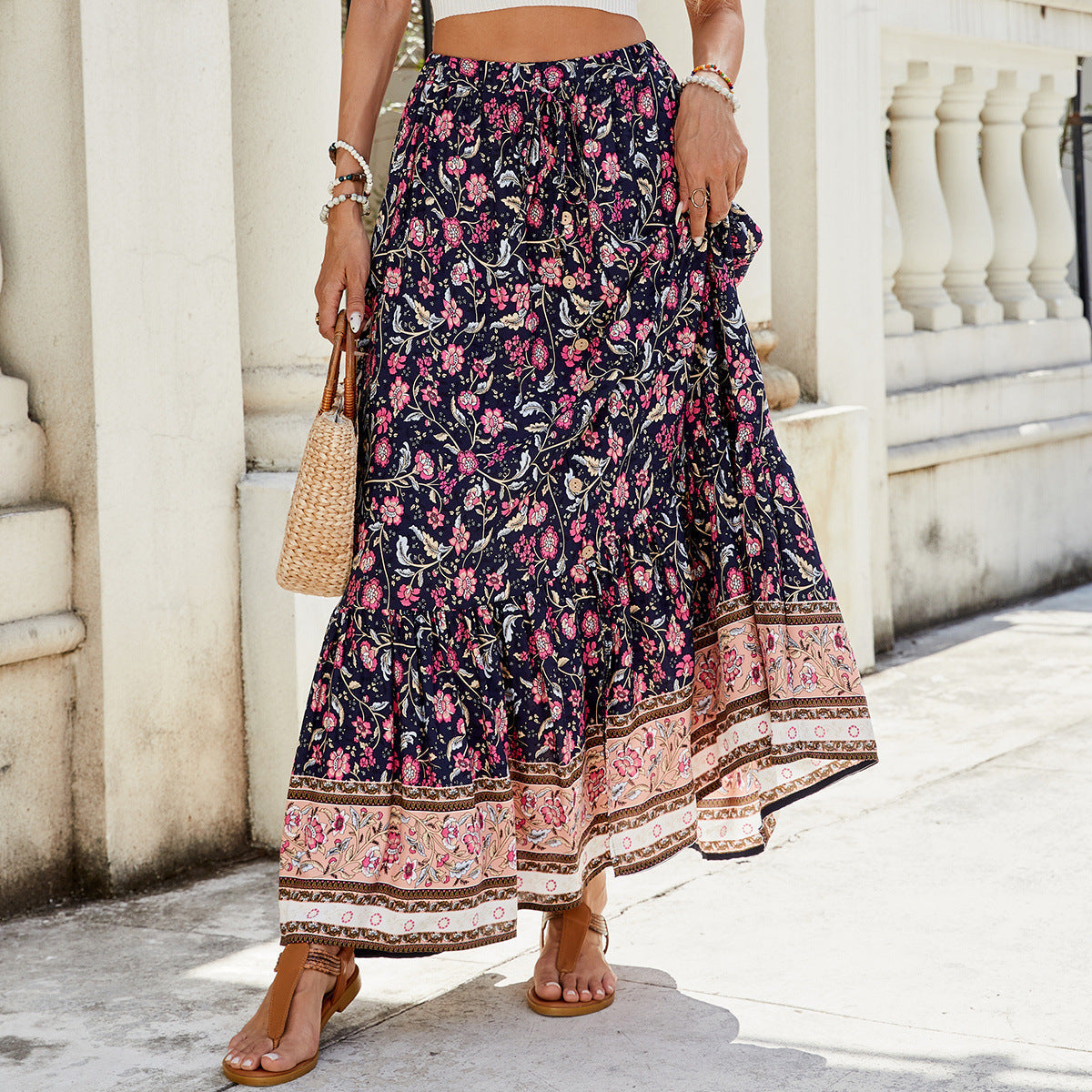 Dam Maxi Kjol – Flowy Passform – Bohemisk Tierad Design – Blommigt Mönster – Naturfibrer