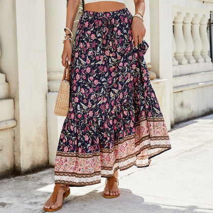 Dam Maxi Kjol – Flowy Passform – Bohemisk Tierad Design – Blommigt Mönster – Naturfibrer