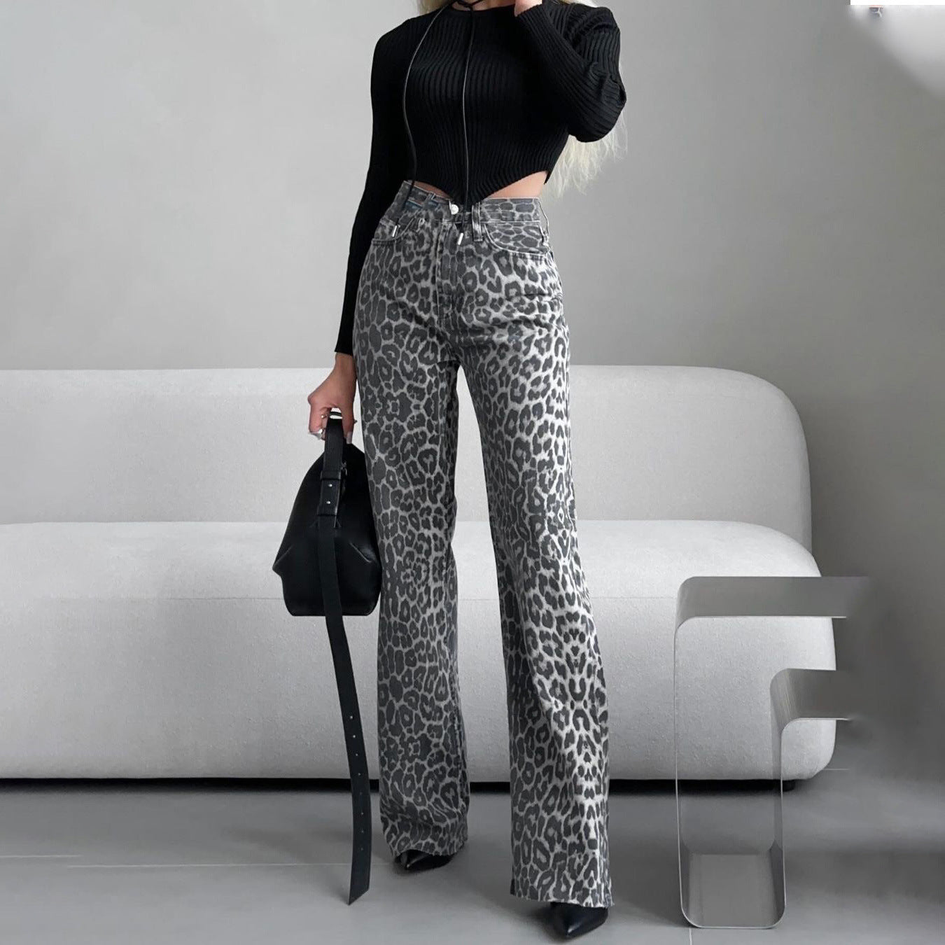 Damjeans – Slim Fit – Hög Midja – Rak Benslut – Leopardmönstrad