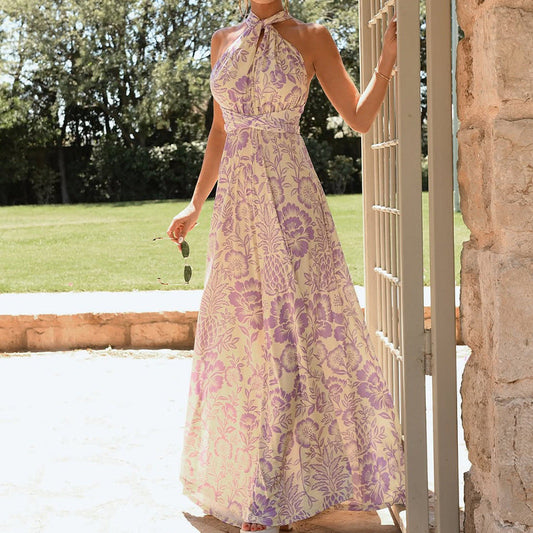 Damklänning halterneck – Blommigt tryck – Ärmös – Ankelängd – Öppen rygg