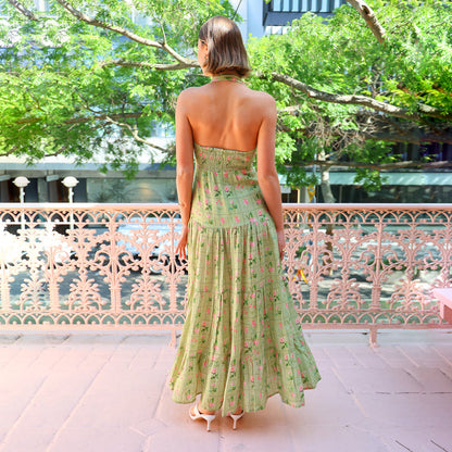 Damklänning halterneck – A-linjeform – Smockliv – Lätt bomull – Öppen rygg