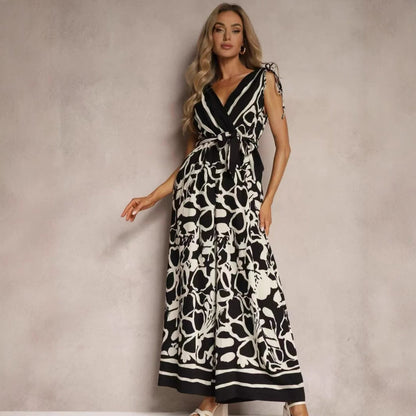 Damjumpoverall – V-ringning ärmlös – Avslappnad passform – Knytmidja – Print hel längd