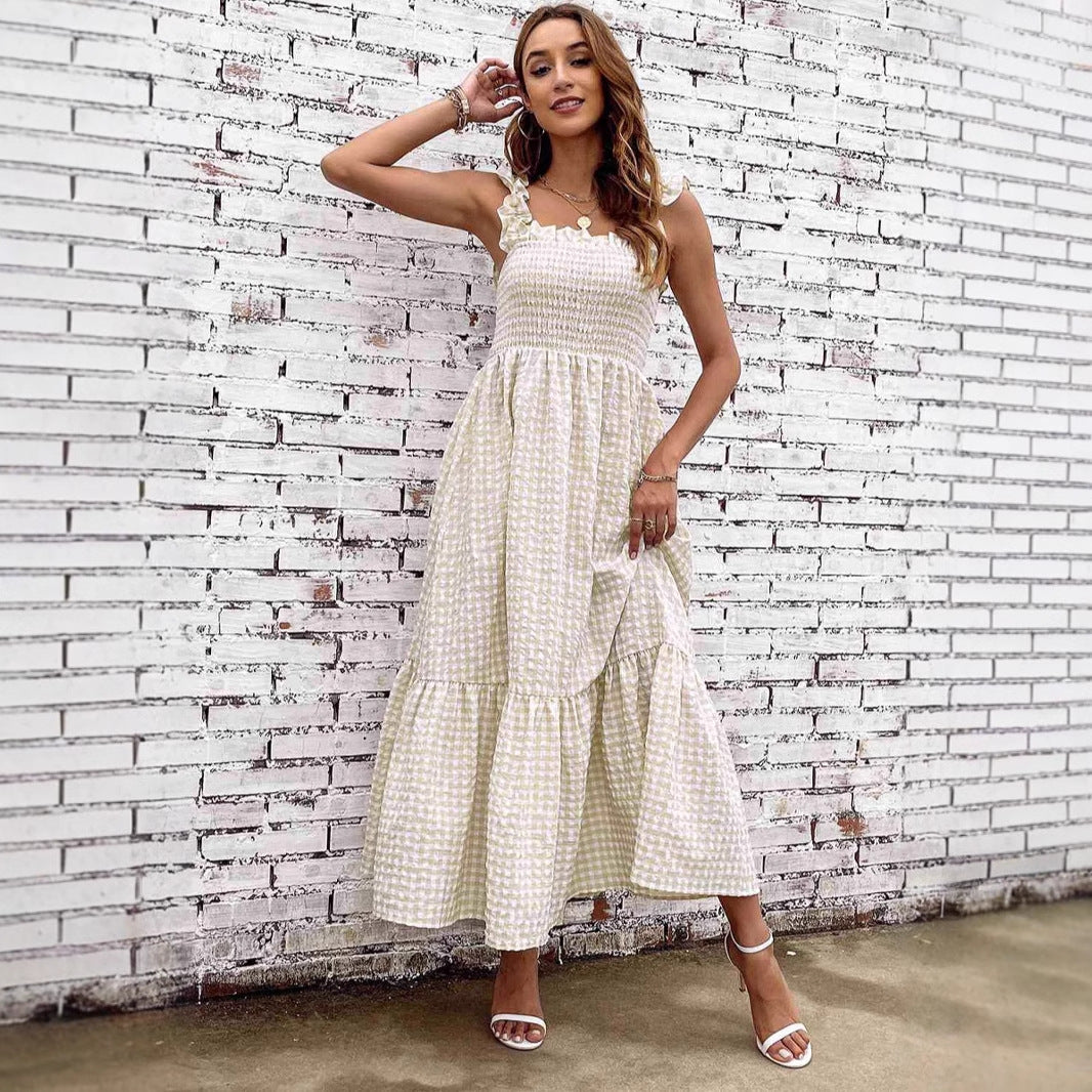 Damklänning A-linjeformad – Smockliv – Spagettiband – Tierad – Rutmönstrad Maxilängd