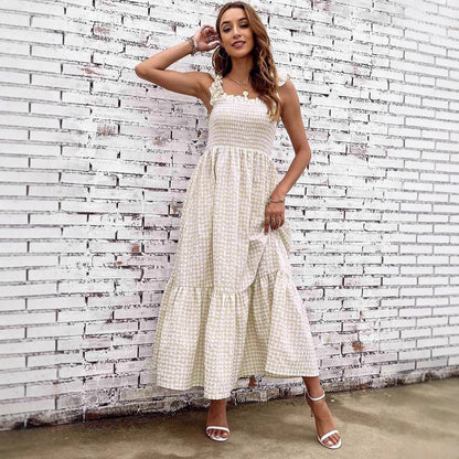 Damklänning A-linjeformad – Smockliv – Spagettiband – Tierad – Rutmönstrad Maxilängd