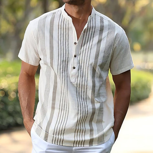 Herrskjorta med kort ärm, casual, henley - knappstängning - randig design