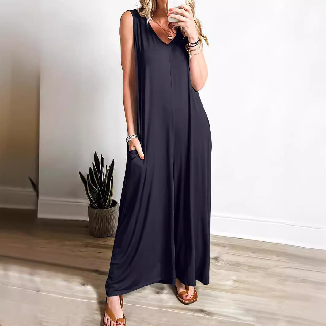 Damklänning – Maxilängd – Ärmös med V-ringning – Mjuk Stickad – Ledig Passform med Fickor