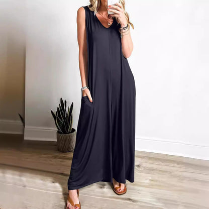 Damklänning – Maxilängd – Ärmös med V-ringning – Mjuk Stickad – Ledig Passform med Fickor