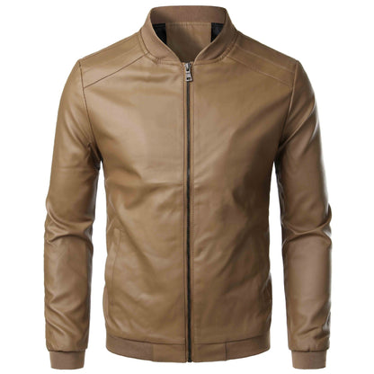 Herrläderjacka – Slim Fit – Ståkrage – Dragkedja – Ribbstickade Muddar