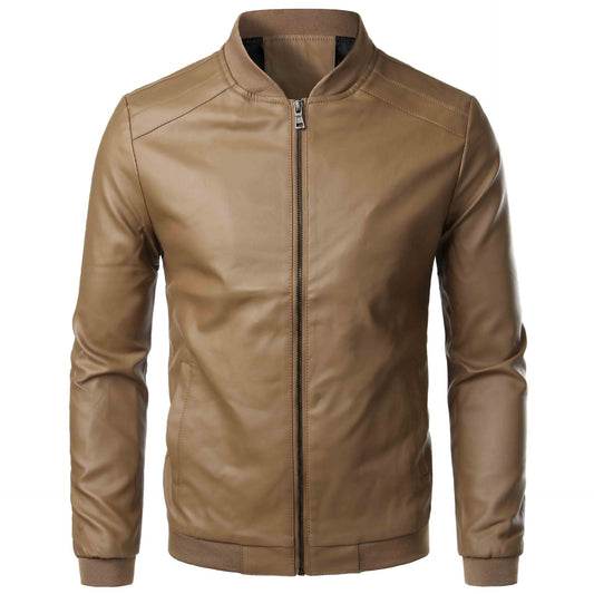Herrläderjacka – Slim Fit – Ståkrage – Dragkedja – Ribbstickade Muddar