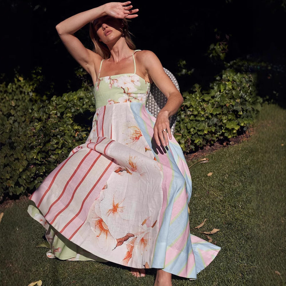 Damklänning – Spagettiband – Lätt Bomull – Lös Passform – Maxilängd – Konstnärligt Mönster