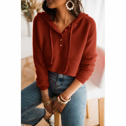 Dam Hoodie – Avslappnad Passform – Stickad Struktur – Knappar – Justerbar Huva