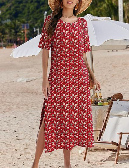 Damklänning maxi – avslappnad passform – blommigt tryck – luftigt material – slitsar