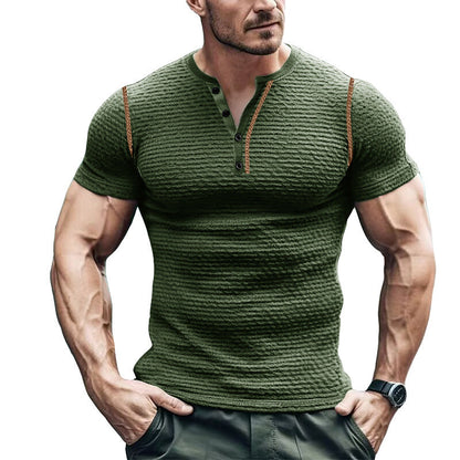 Herr T-shirt Henley – Slim Fit – Waffelstruktur – Kort Ärmslut – Ledig Stil