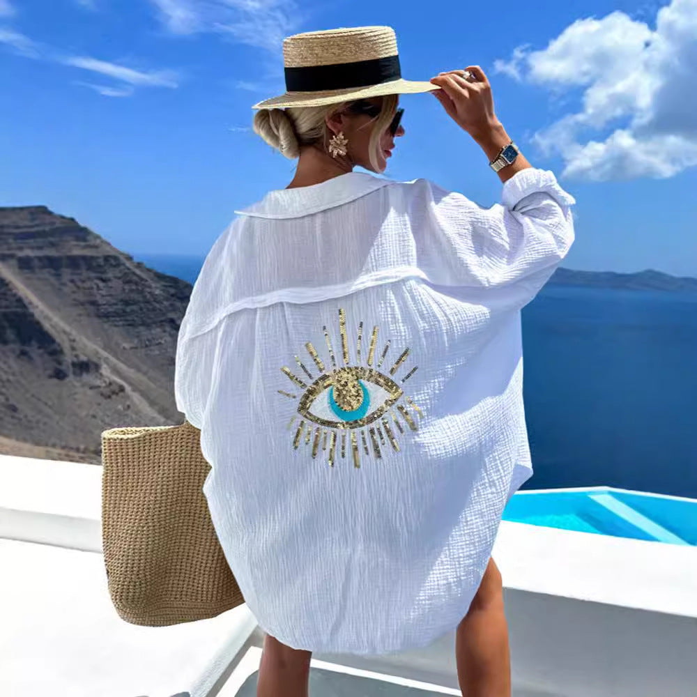 Damkofta – Lång Oversize Passform – Lätt Bomull – Öppen Front – Paljettmotiv Bak