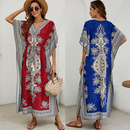 Damklänning maxi – V-ringning – Kort vida ärmar – Lätt lyxigt tyg – Mönstrad design