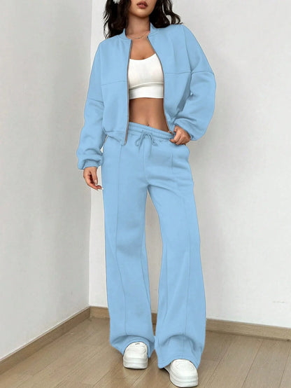 Dam Loungewear Set – Kort Bomberjacka – Vida Byxor Hög Midja – Mjuk Bomullskänsla
