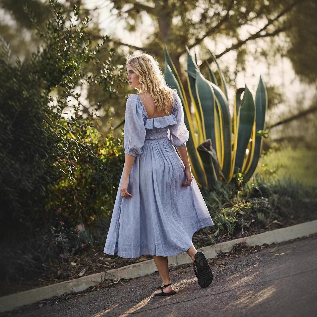 Damklänning A-linje – Bomullsblandning – V-ringning med volang – Smockmidja – Lång ärm