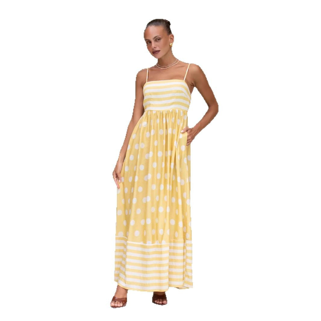 Damklänning maxi – A-linjeform – Spaghettiband – Mönstrad bomull – Med fickor