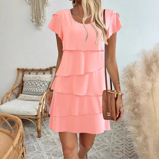 Damklänning – Avslappnad Passform – Kort Ärms – Volangsydd A-Linje – Luftigt Tyg