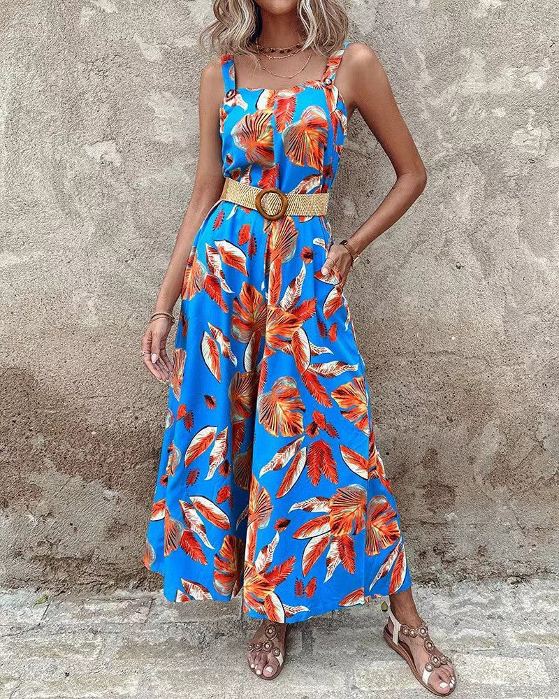 Dam Jumpsuit – Skräddarsydd Midja – Vida Ben – Ärmlös – Blommigt Mönster – Andningsbart Tyg