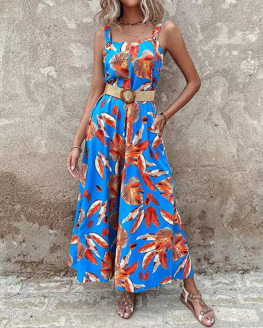 Dam Jumpsuit – Skräddarsydd Midja – Vida Ben – Ärmlös – Blommigt Mönster – Andningsbart Tyg