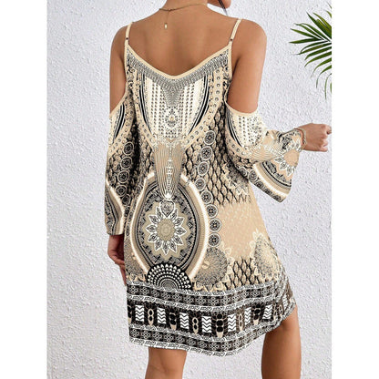 Damklänning off-shoulder – Vid passform – Blandmönstrad – Klockärmar – Bomullsblandning