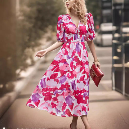 Damklänning Midi – Figursydd Midja – V-ringning – Puffärmar – Andningsbar Mix – Mönstrad