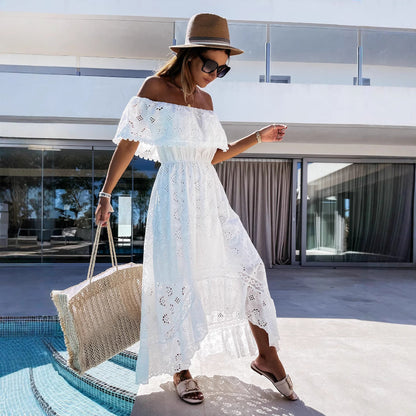 Klänning dam – Off shoulder – Broderad spets – Boho maxilängd – Avslappnad passform