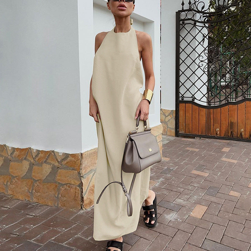 Damklänning maxi – halterneck – bomull-lin – lös passform – elegant och luftig