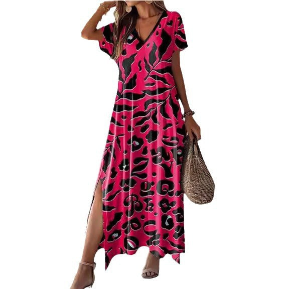 Damklänning Maxi – Avslappnad Passform – Kort Ärm – V-ringning – Djurmönster Slits