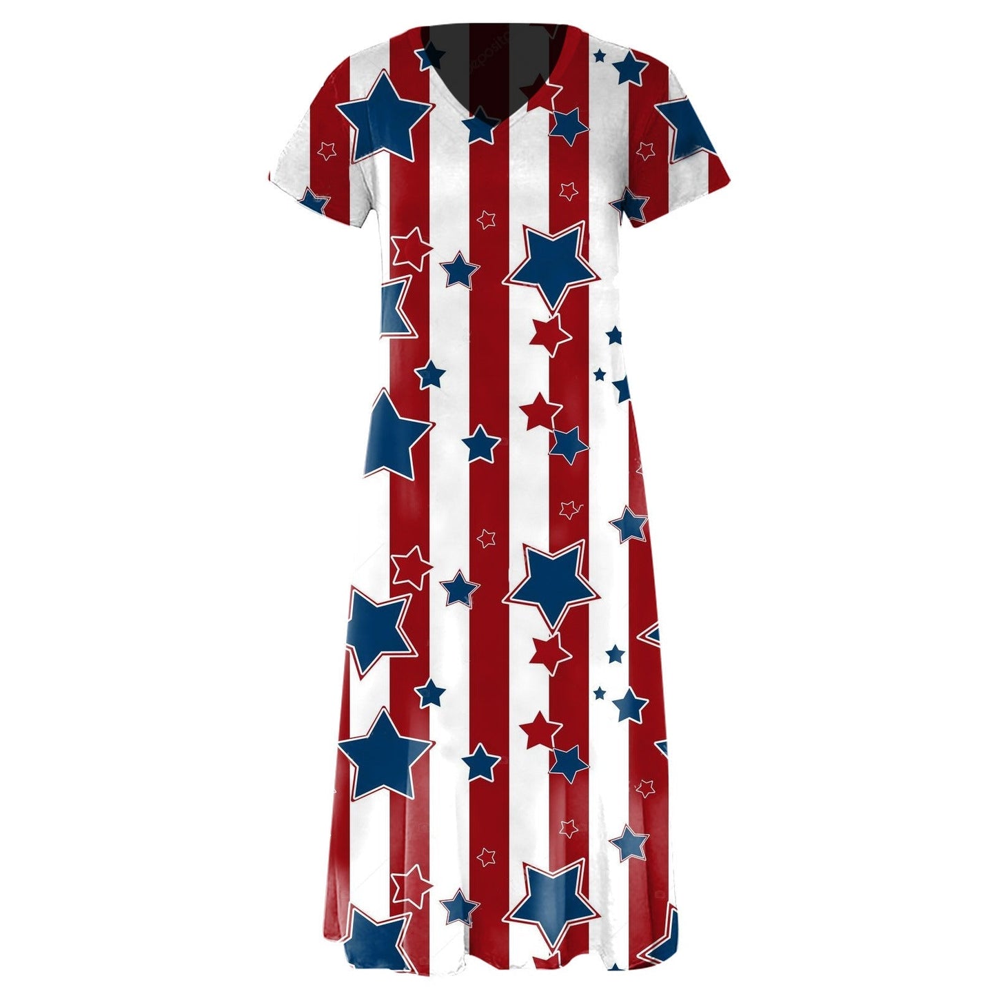 Damklänning maxi – Avslappnad passform – V-ringning – Kort ärm – Grafiskt mönster – Bomullsblandning